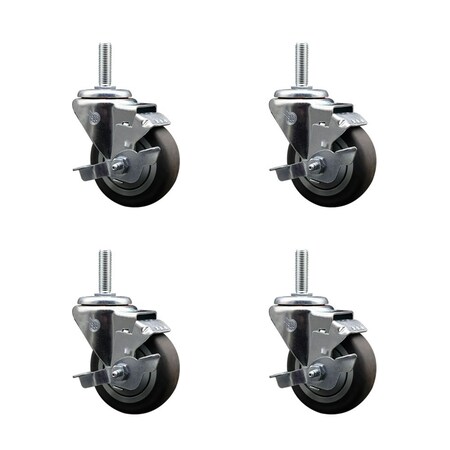 Service Caster 35 Inch Thermoplastic  Rubber Wheel Swivel 58 Inch Threaded Stem Caster Set with Brake SCC SCC-TS20S3514-TPRB-TLB-58212-4